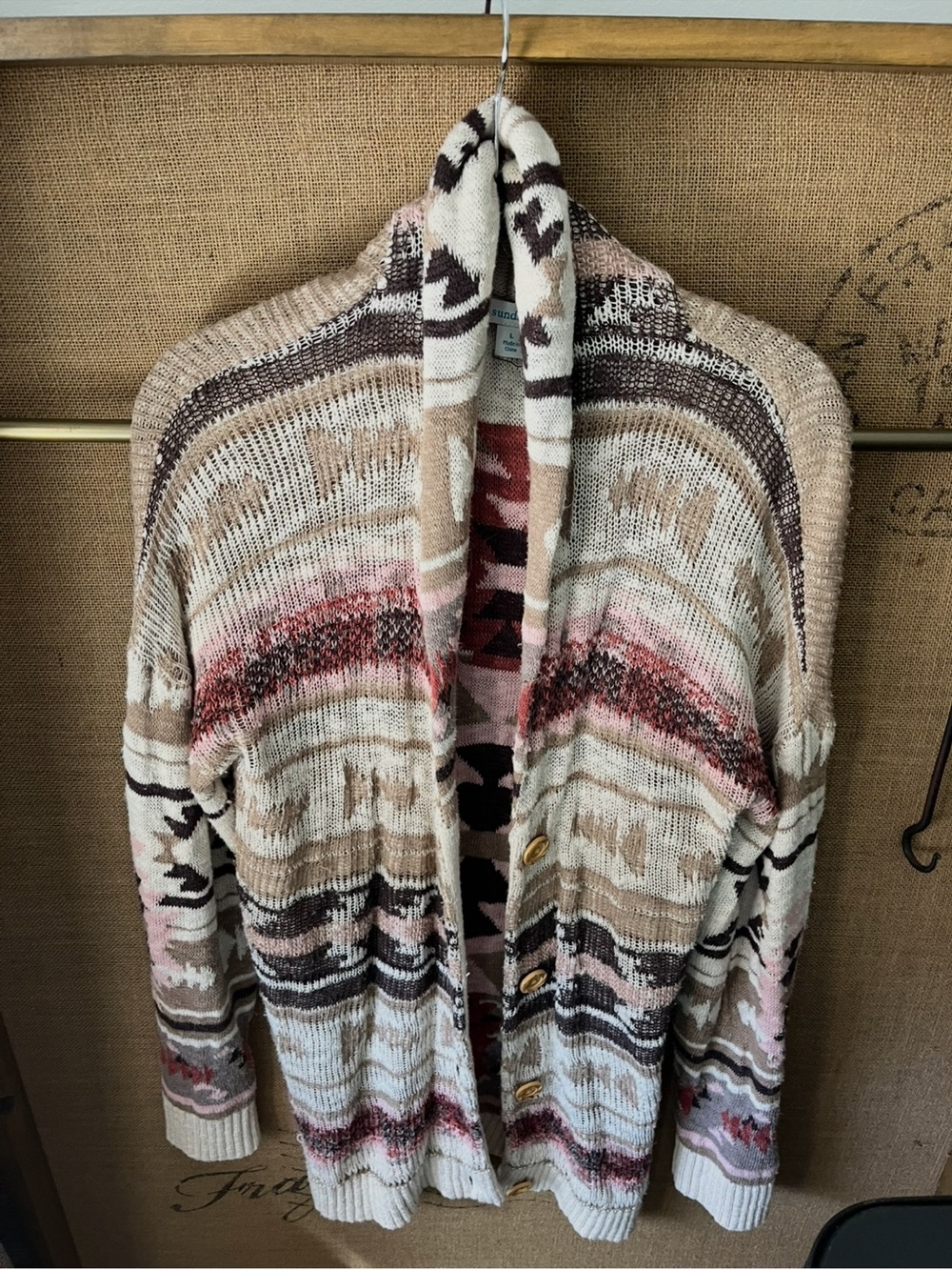 Sundance arrow design Shawl Collar Cardigan in Cream, Pink & Brown